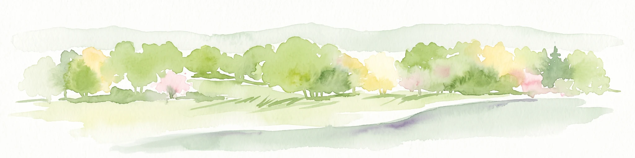 A soft watercolor illustration depicting a line of trees and greenery along a shoreline with rolling hills in the background.