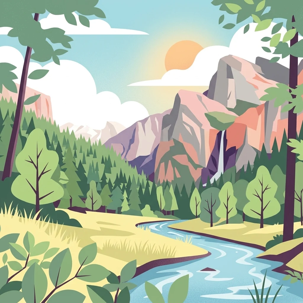 Una ilustración digital de estilo plano de un valle escénico, con un río serpenteante en primer plano, un denso bosque de coníferas, altos acantilados rocosos al fondo, una pequeña cascada y un sol brillante poniéndose o saliendo detrás de las nubes.