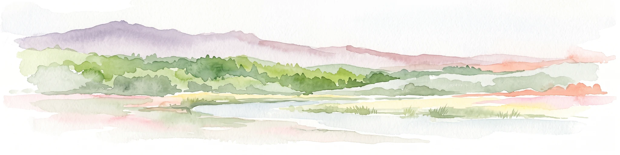 Una pintura horizontal en acuarela que representa un paisaje suave con colinas onduladas a lo lejos, bosques verdes en el plano medio y una zona de humedal y agua en primer plano.