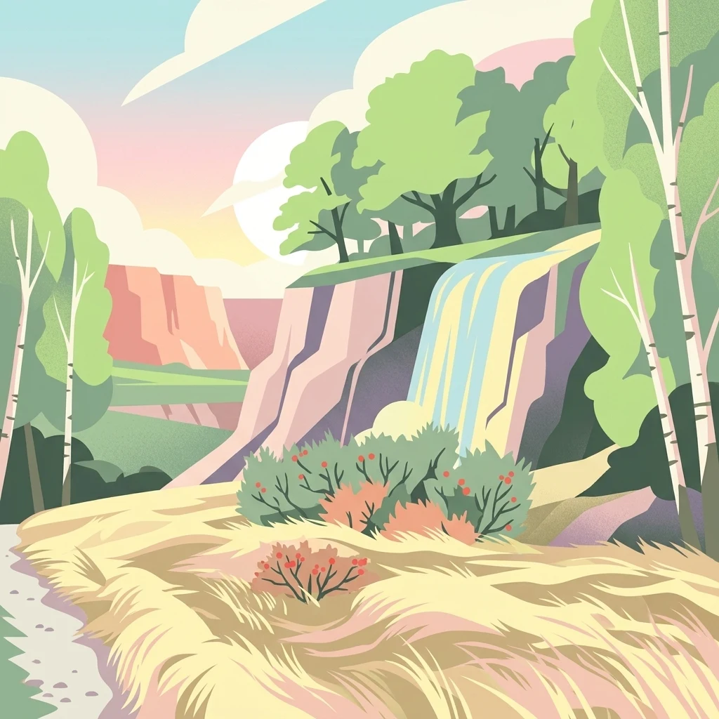 A digital illustration of a nature reserve featuring a waterfall cascading down a cliff face, surrounded by birch trees and scrubby, juniper-like shrubs in a heathland setting.