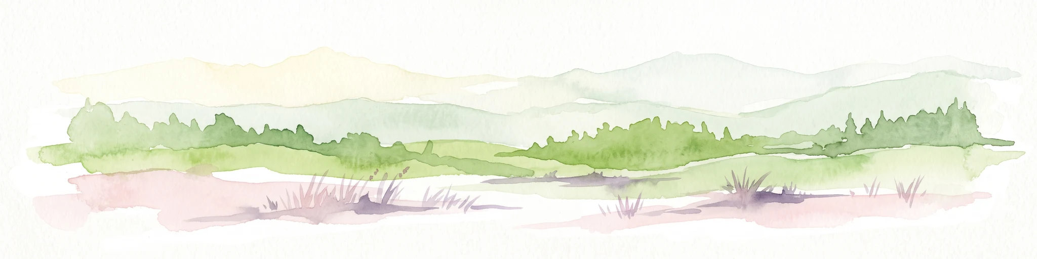 A watercolor illustration of a soft, rolling landscape with green hills, patches of trees, and grasses, set against a light background.