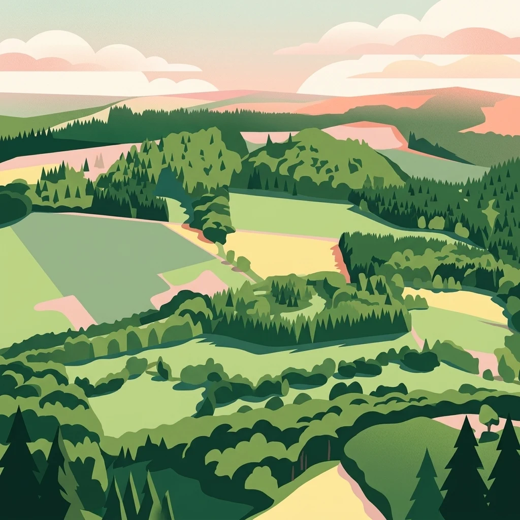 Una ilustración digital estilizada de un paisaje verde de colinas con zonas de bosque, campos abiertos y nubes suaves en la distancia.