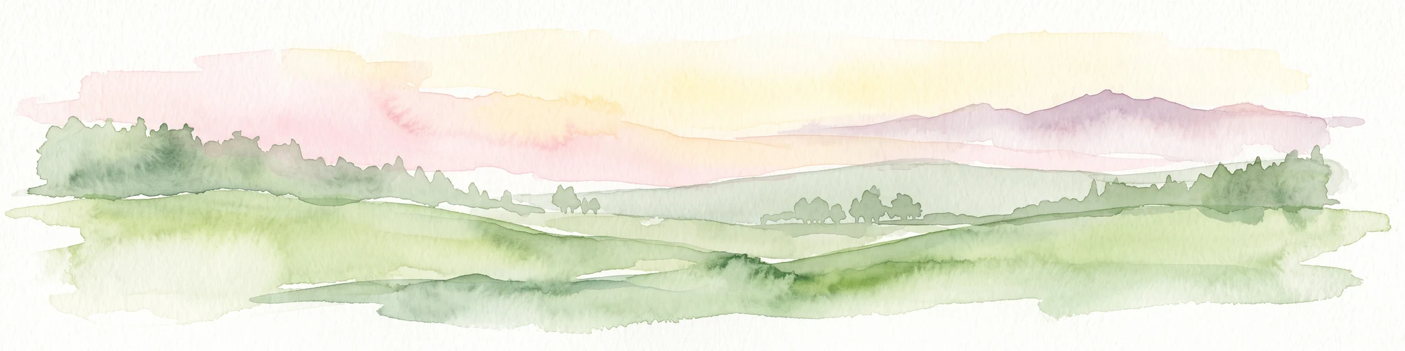 A watercolor landscape illustration showing gentle green hills, clusters of trees, and soft pink and yellow clouds in the background.
