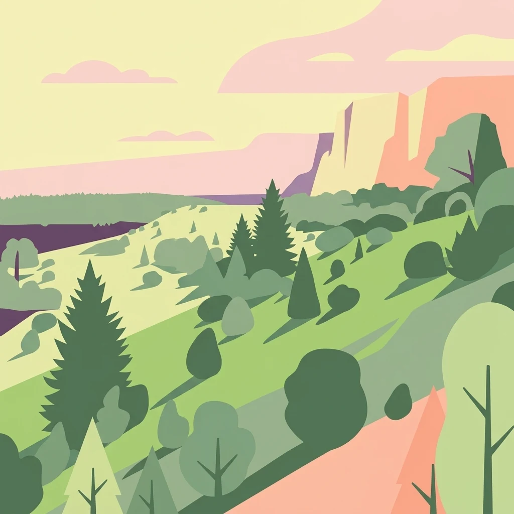 A flat, minimalist digital illustration showing a hilly landscape with conifer trees, limestone cliffs in the background, and a pastel sunset sky.
