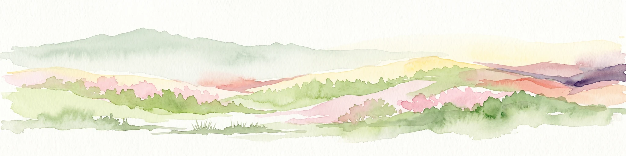 A soft watercolor painting showing a panoramic view of rolling hills and undulating green and pink landscape features against a pale sky.