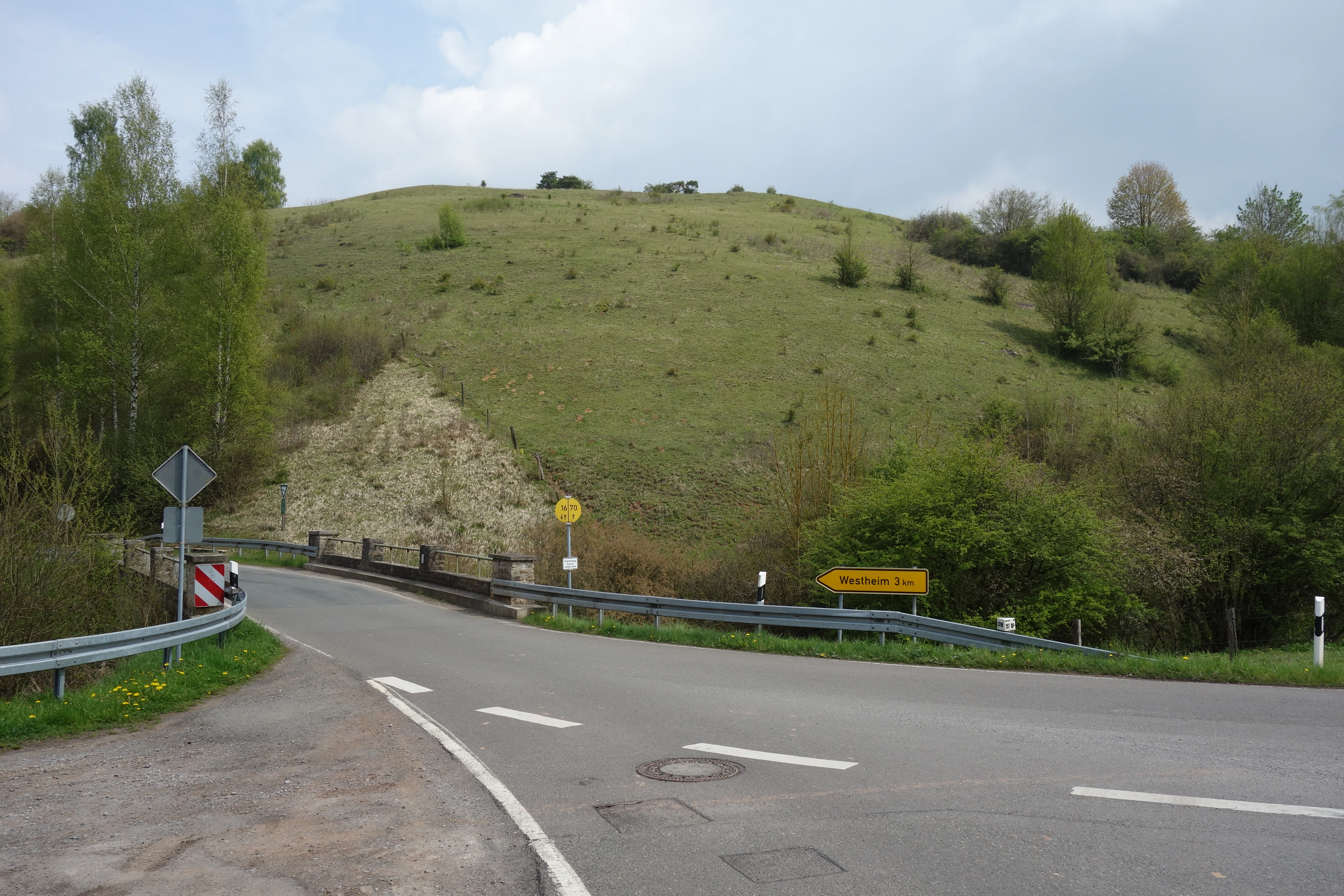 A paved road intersection in the foreground leads toward a large, grassy limestone hill rising in the background, typical of the nature reserve.