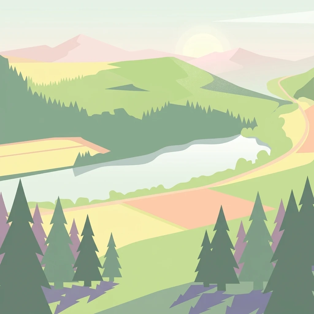 Ilustración de estilo vectorial de un valle con un río serpenteante, bosque de coníferas y colinas suaves bajo un cielo brumoso y apacible.