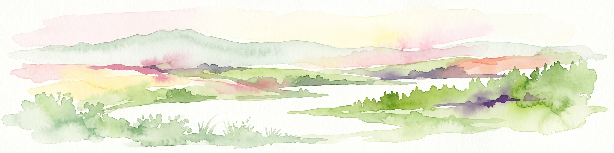 A soft watercolor painting of a serene natural landscape with rolling hills, a central body of water, and green trees against a pale, warm-toned sky.