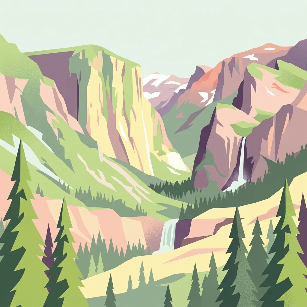 Una ilustración plana de estilo vectorial de un valle montañoso profundo con acantilados escarpados, dos cascadas visibles y árboles coníferos en primer plano.