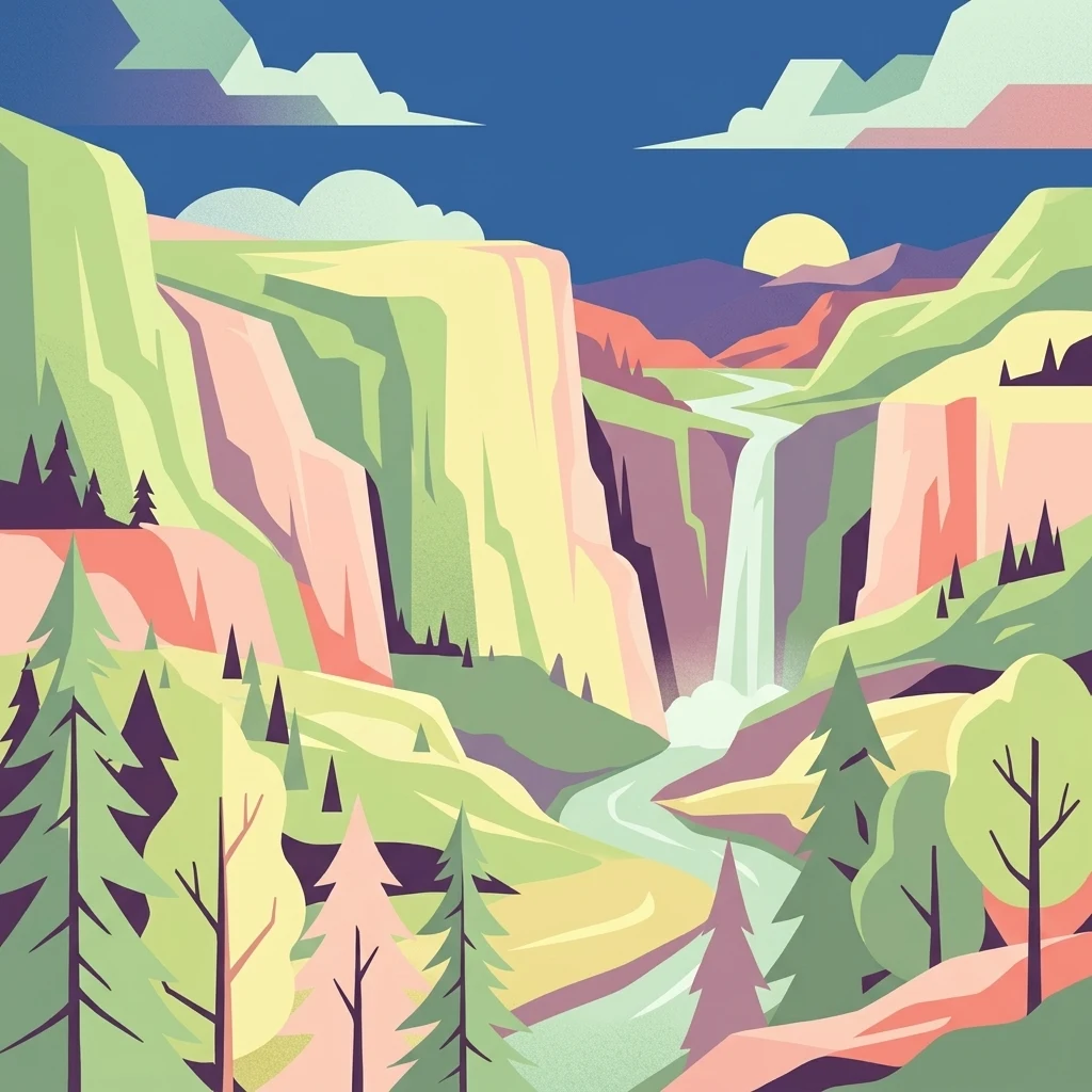 A flat-style digital illustration showing a valley with steep rock cliffs, pine trees, a winding river, and a waterfall under a setting sun.