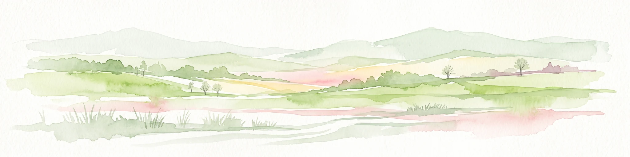 A pale, minimalist watercolor painting showing rolling green hills, meadows, and sparse trees against a soft, light background.