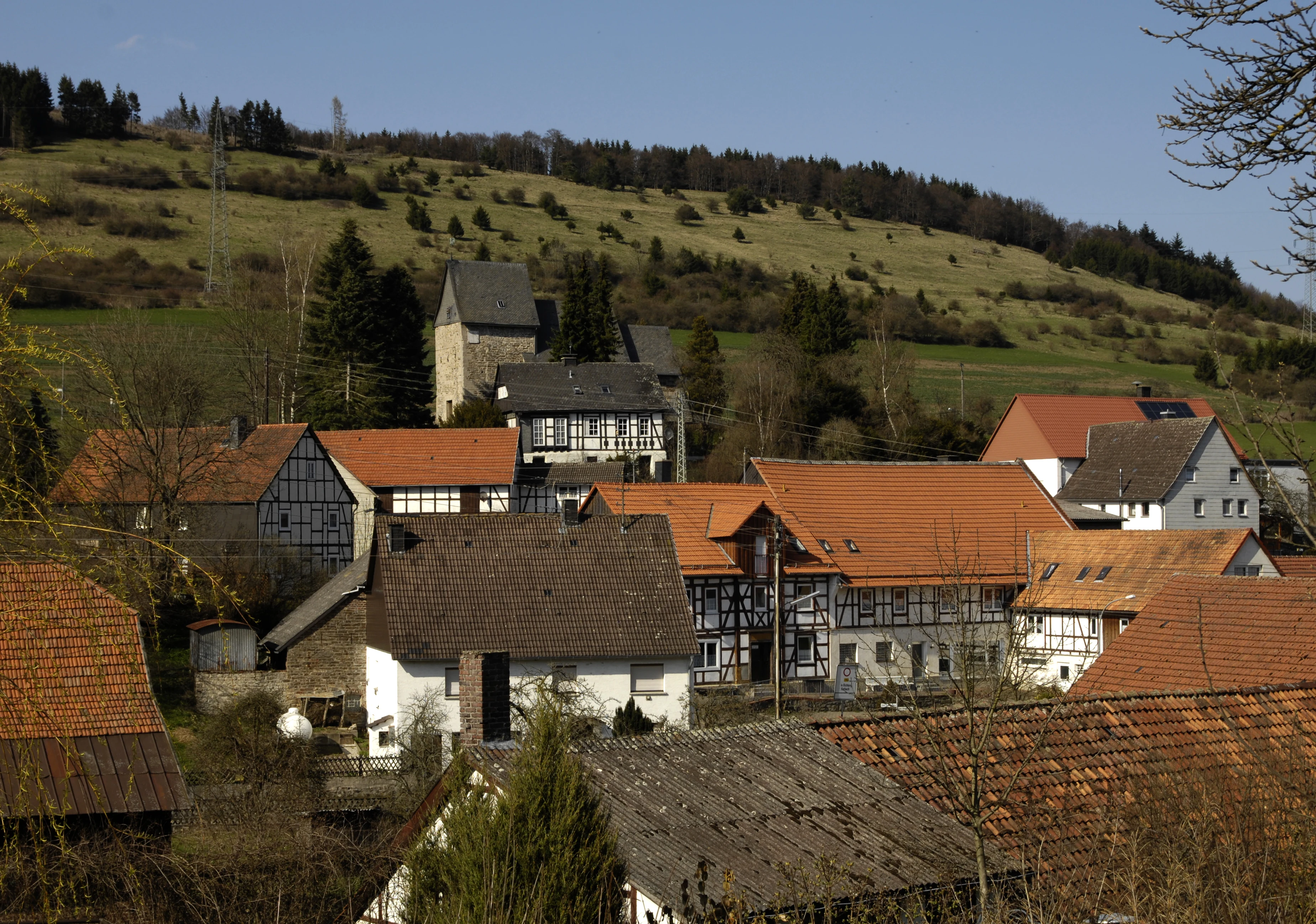 A cluster of traditional timber-framed houses with red tiled roofs in a village setting, with a large grassy hillside rising behind them.