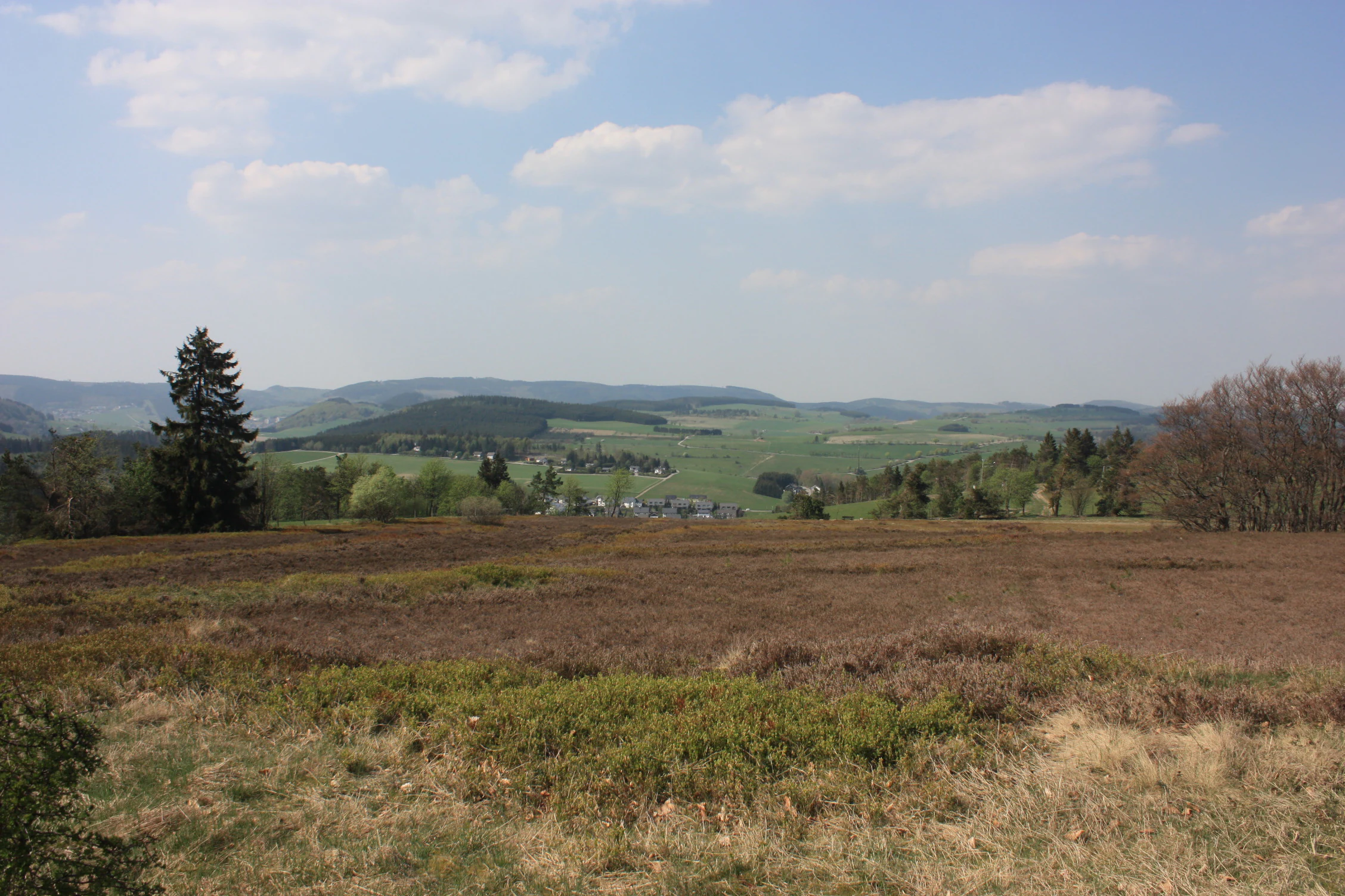 A wide, eye level landscape view of a brown and green heathland field in the foreground, with rolling hills and a small town in the distant valley under a cloudy sky.