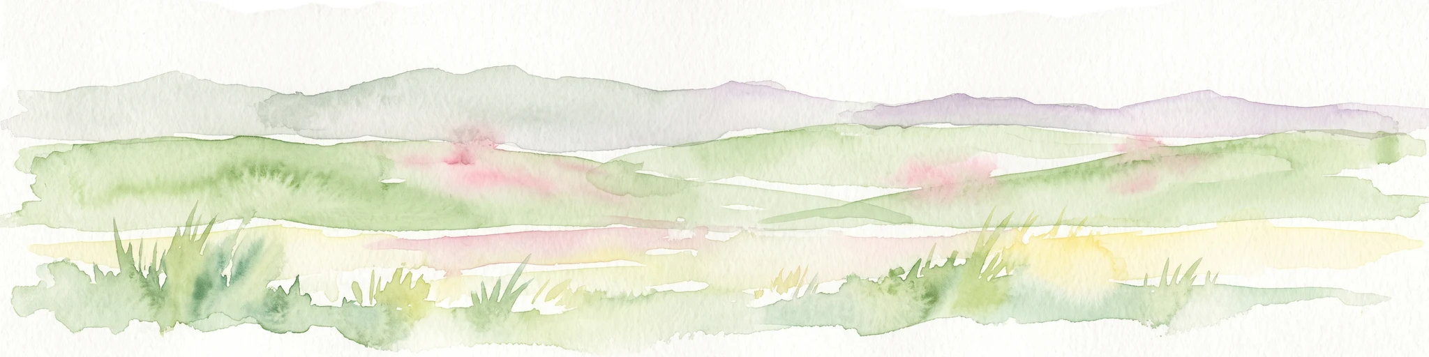 A soft watercolor painting depicting a landscape of rolling green hills, gentle slopes, and distant mountains against a plain background.
