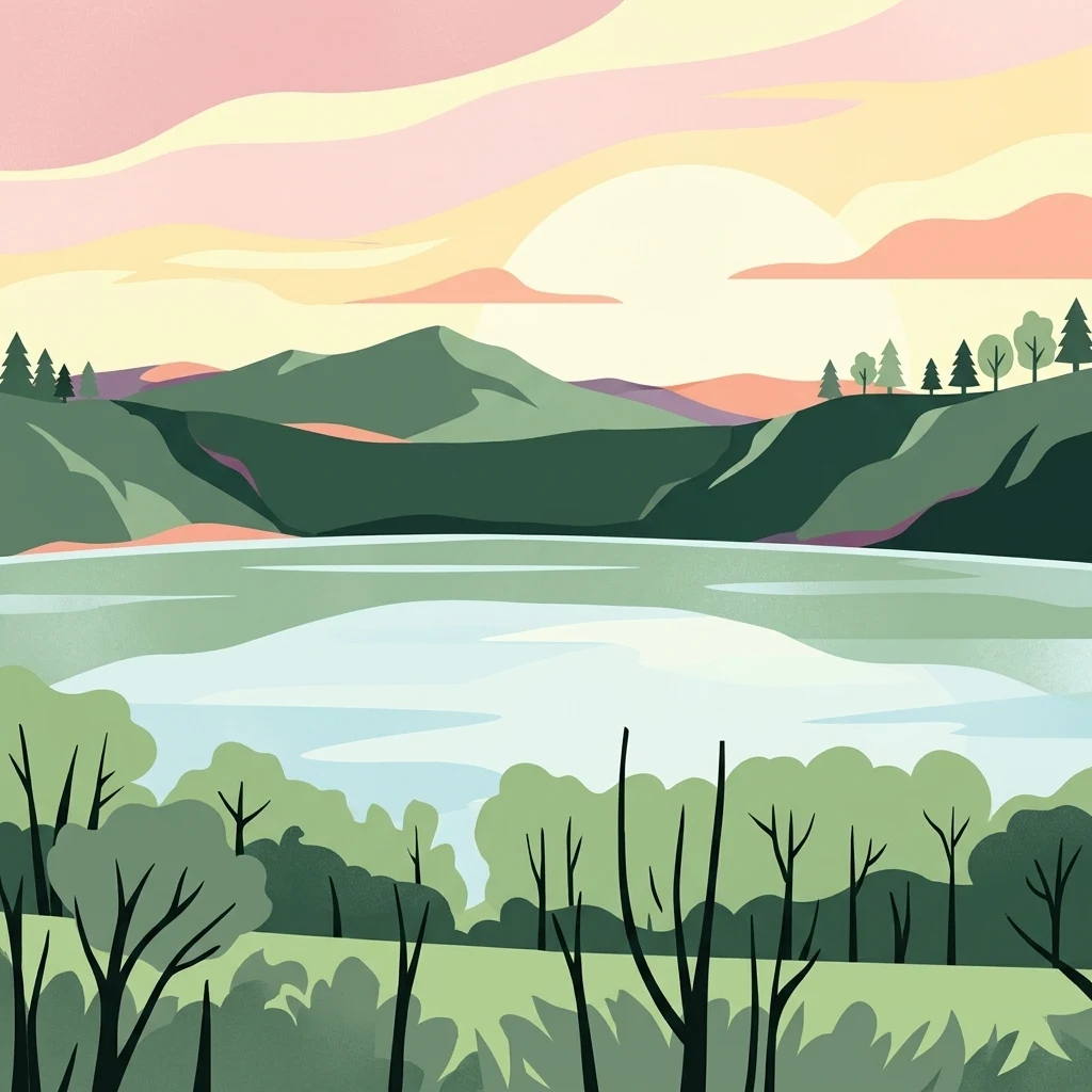 A stylized flat vector illustration of a lake surrounded by forested crater hills under a soft pastel sunset sky.