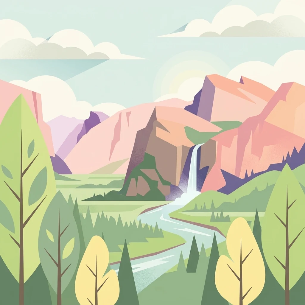A flat-style digital illustration showing a winding river flowing through a green valley with stylized trees in the foreground, mountains in the background, and a waterfall cascading from a cliff.