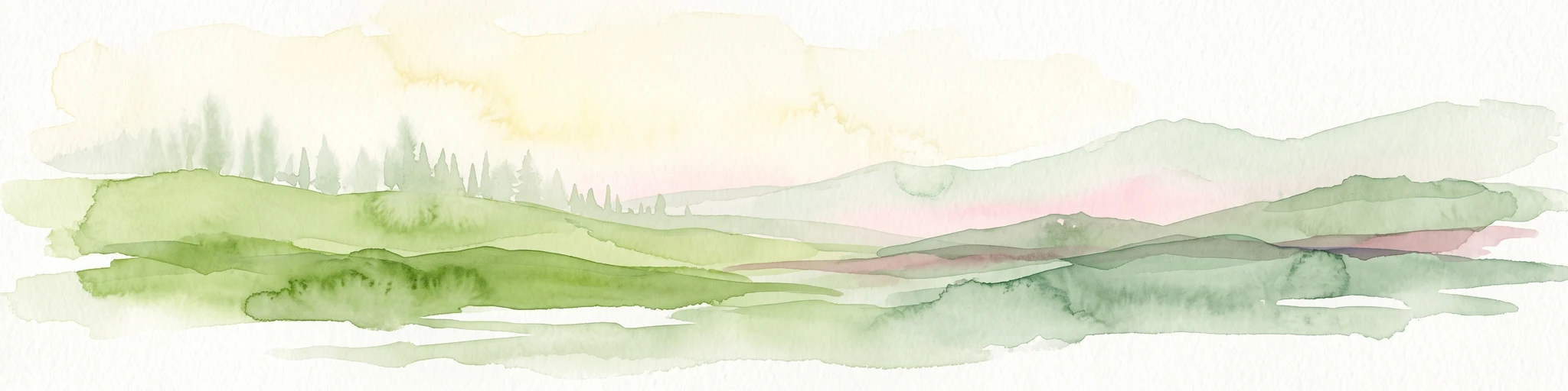 A soft watercolor illustration of a landscape featuring layered green hills, a distant forest silhouette, and pale sky, rendered in a light, minimalist style.