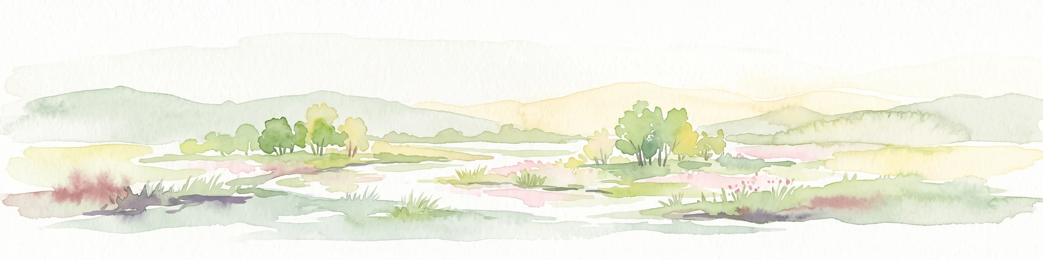 A watercolor illustration depicting a serene river valley landscape with soft rolling hills and clusters of trees in the distance.