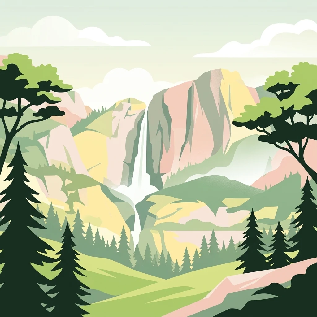A stylized graphic illustration of a mountainous landscape featuring a waterfall cascading between high cliffs, framed by evergreen trees in the foreground.