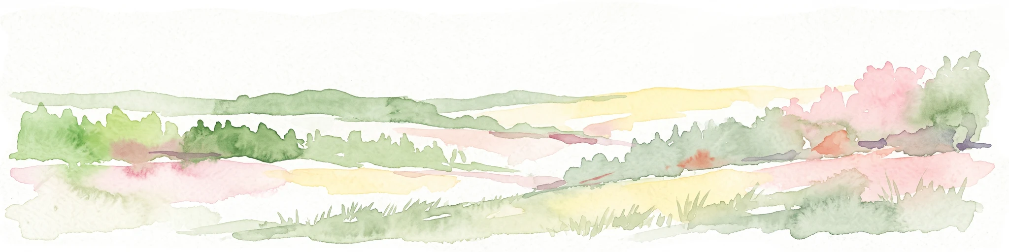 Watercolor painting of a soft, rolling landscape with light green fields, scattered trees, and muted pink-toned hills.