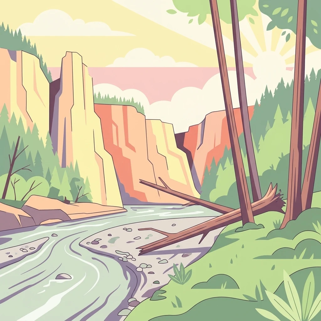 Una ilustración vectorial estilizada de un río que fluye a través de un valle boscoso con acantilados rocosos altos y de color claro al fondo y troncos caídos en la orilla del río en primer plano.