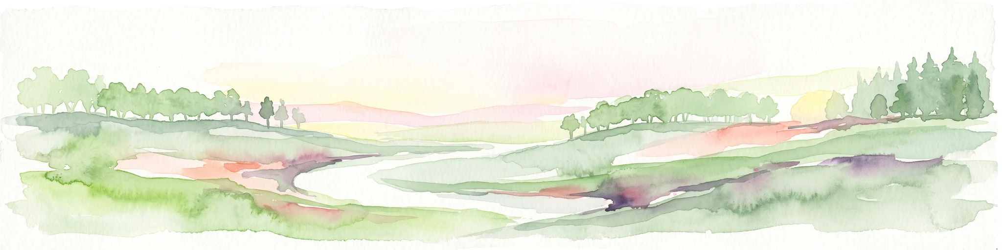 A watercolor landscape illustration showing a winding river flowing through a green meadow with a line of trees in the background.
