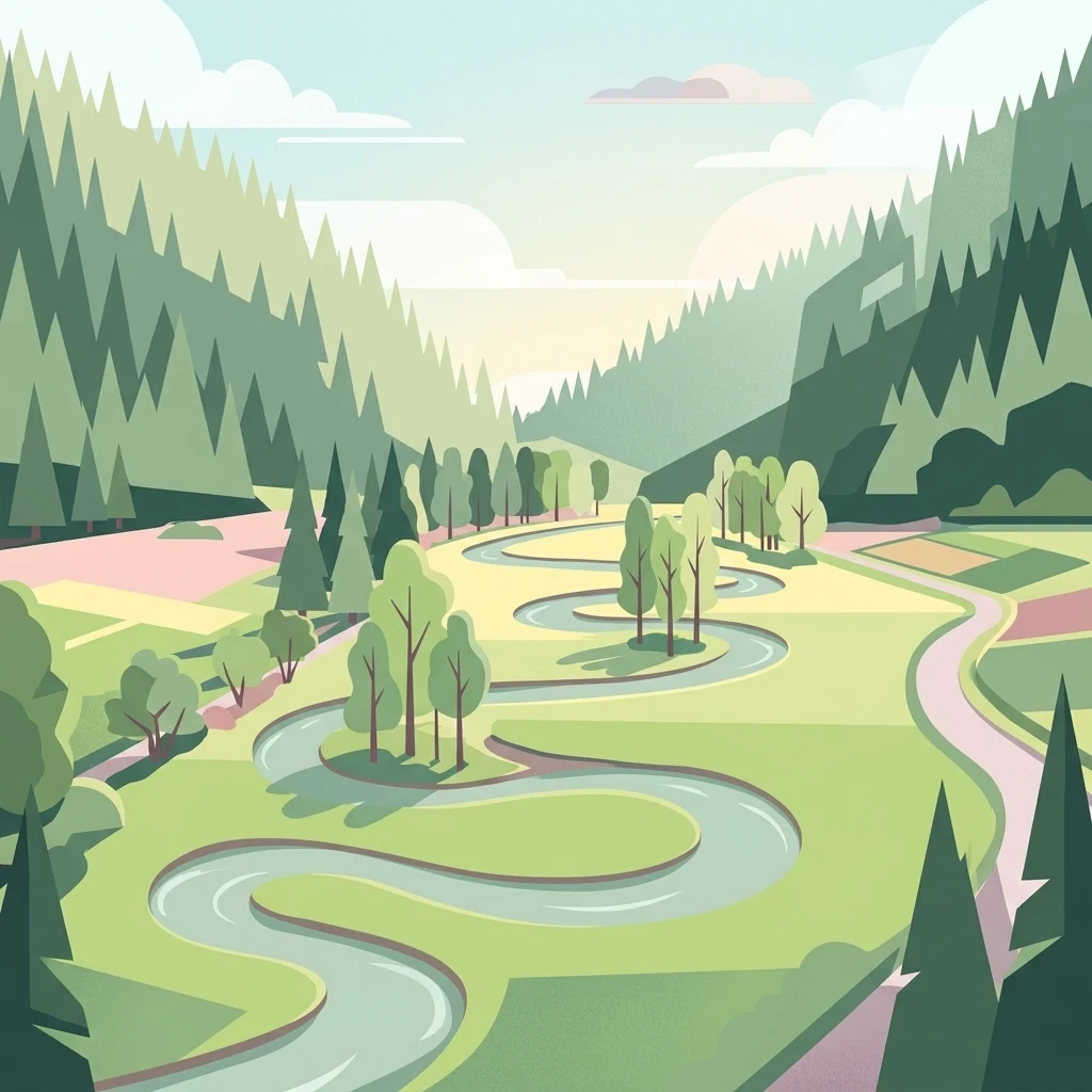 An illustration showing a winding river flowing through a lush green valley flanked by coniferous forests and hills.