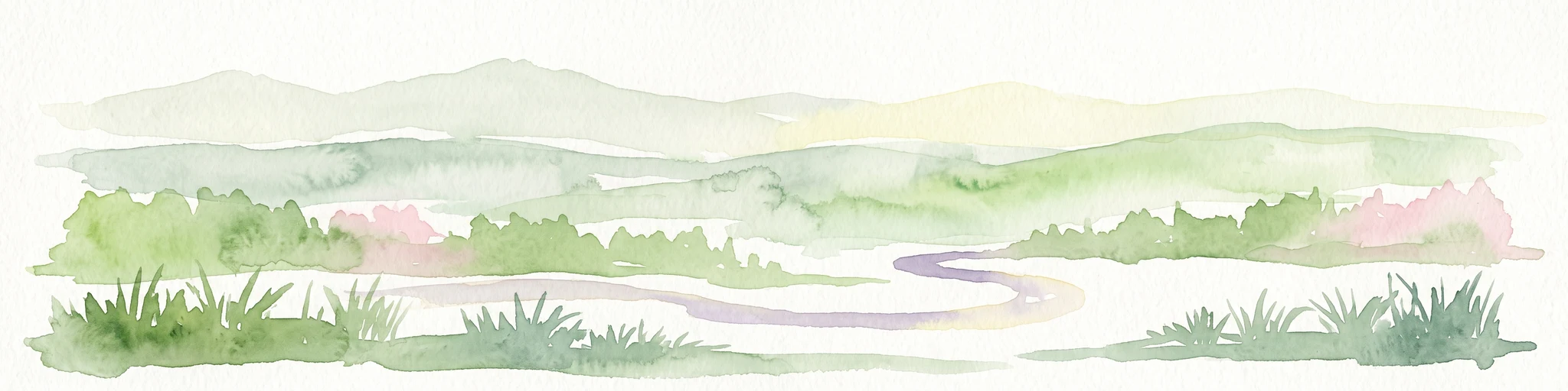 A horizontal watercolor painting showing a green valley with a winding river, rolling hills in the background, and grassy foreground.