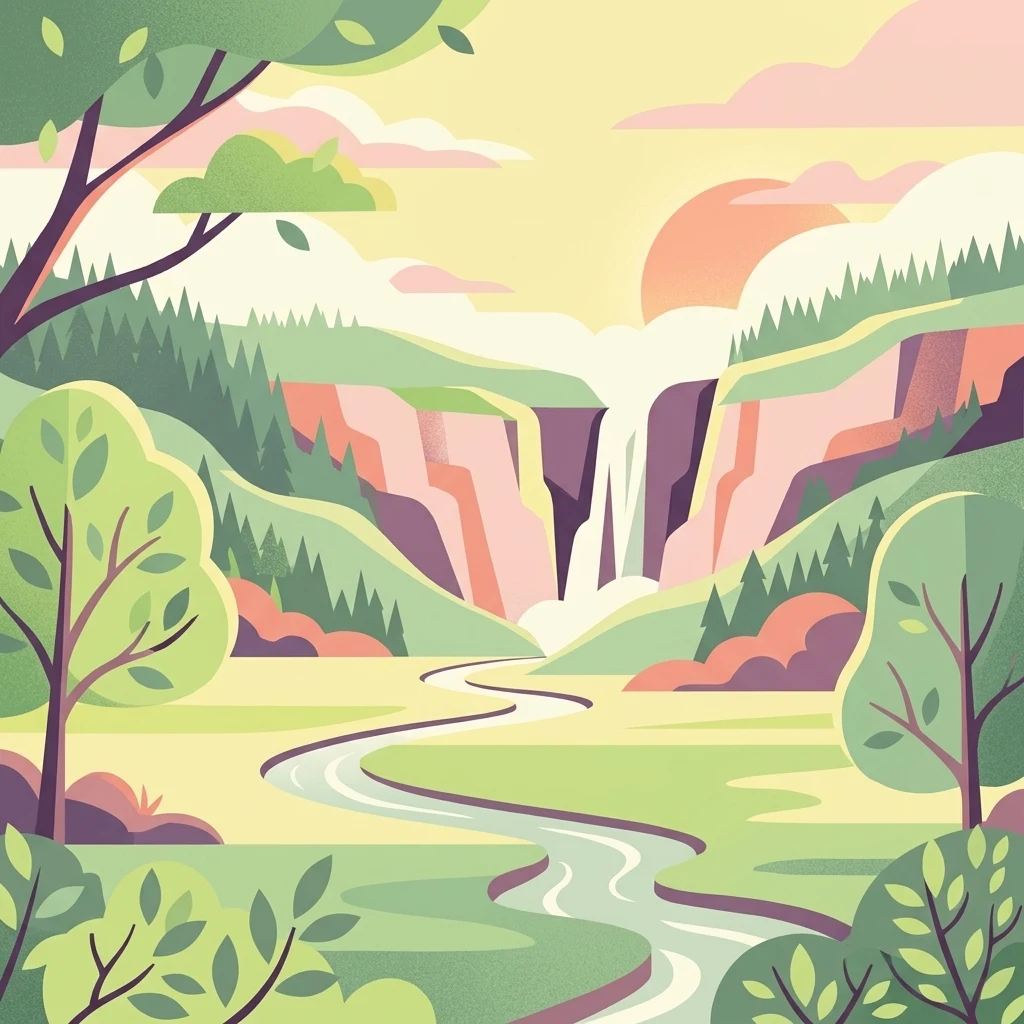 Digital illustration of a serene valley scene with a waterfall cascading between cliffs, a winding stream in the foreground, and stylized trees.