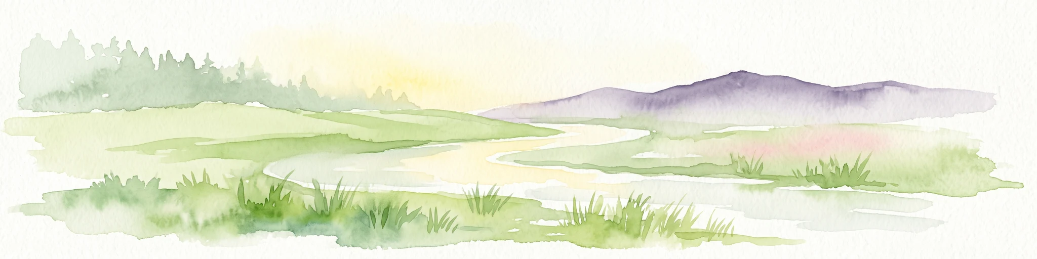 Una pintura en acuarela que muestra un paisaje suave con un arroyo que serpentea entre prados verdes hacia colinas lejanas, enmarcado por árboles a la izquierda.