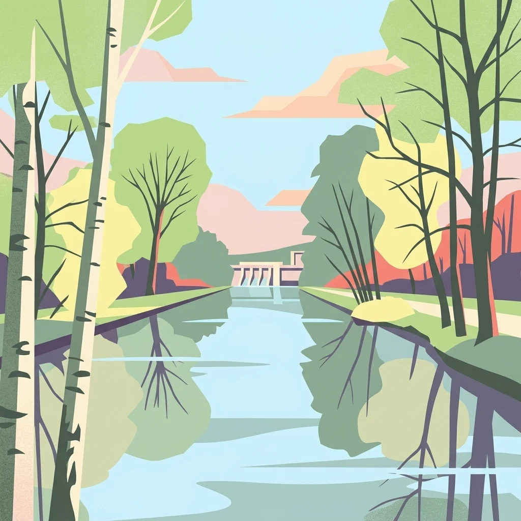 Una ilustración plana de estilo vectorial de un río que fluye hacia una presa en la distancia, enmarcado por árboles estilizados en ambas orillas, reflejándose en el agua.