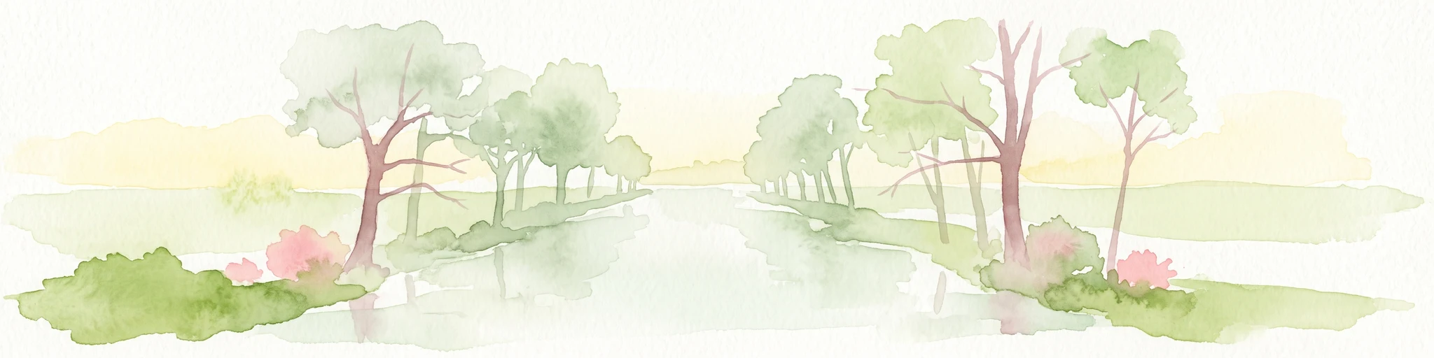 A soft watercolor painting of a river flowing through a lush green landscape with trees lining both banks under a bright, pale sky.