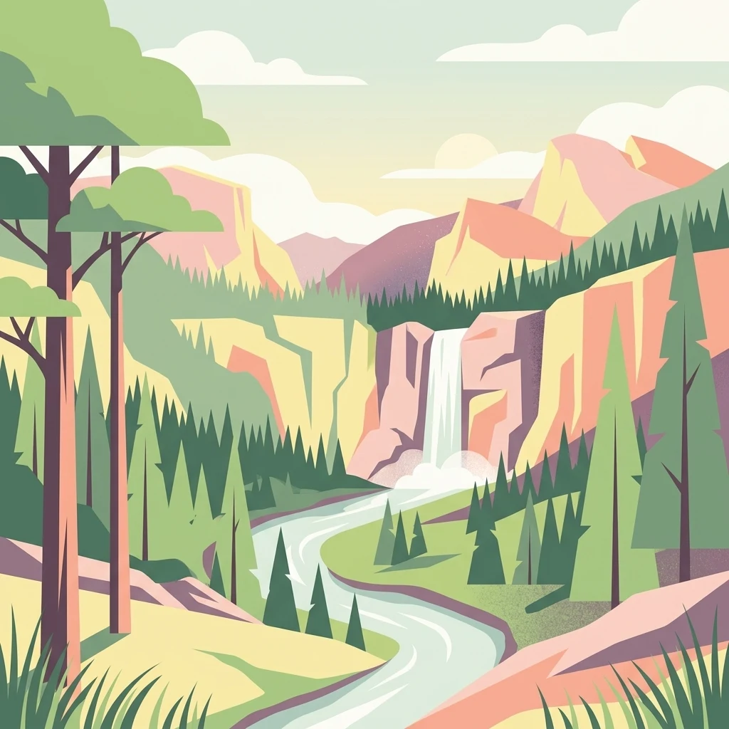 A flat-design vector illustration of a mountain valley featuring a winding river, a waterfall in the distance, and surrounding coniferous forest.