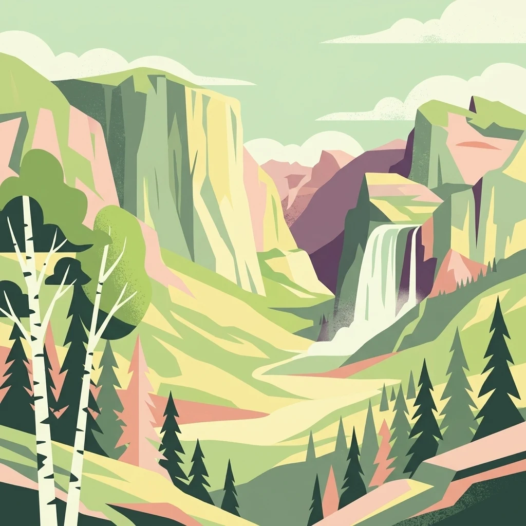 Una pieza de arte ilustrativo que muestra un valle de montaña con acantilados escarpados, una cascada a la derecha, y abedules y árboles de hoja perenne en primer plano.