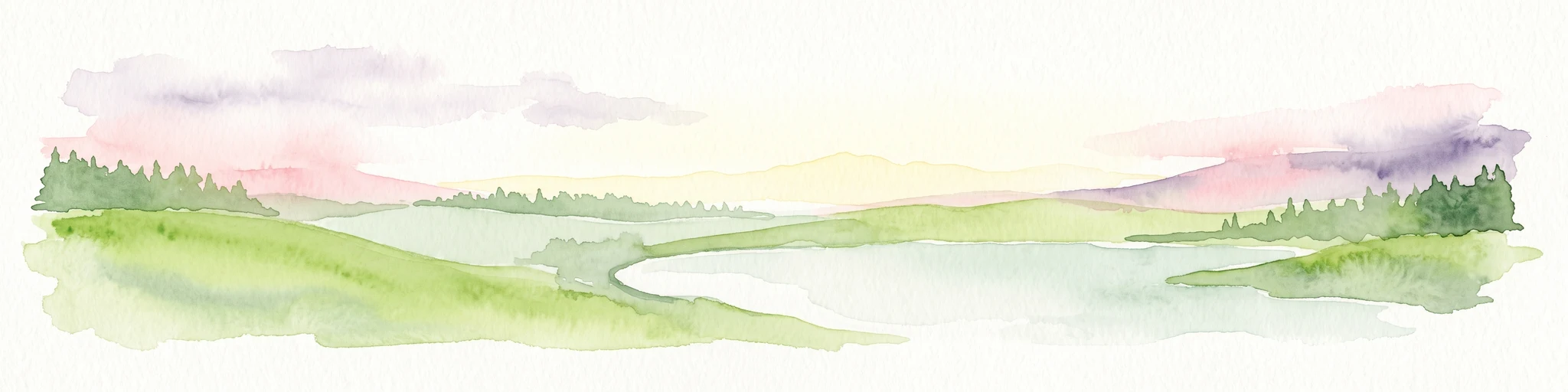 Una ilustración en acuarela de un paisaje sereno con colinas verdes onduladas, una pequeña masa de agua y líneas de árboles silueteadas bajo un cielo pastel suave.