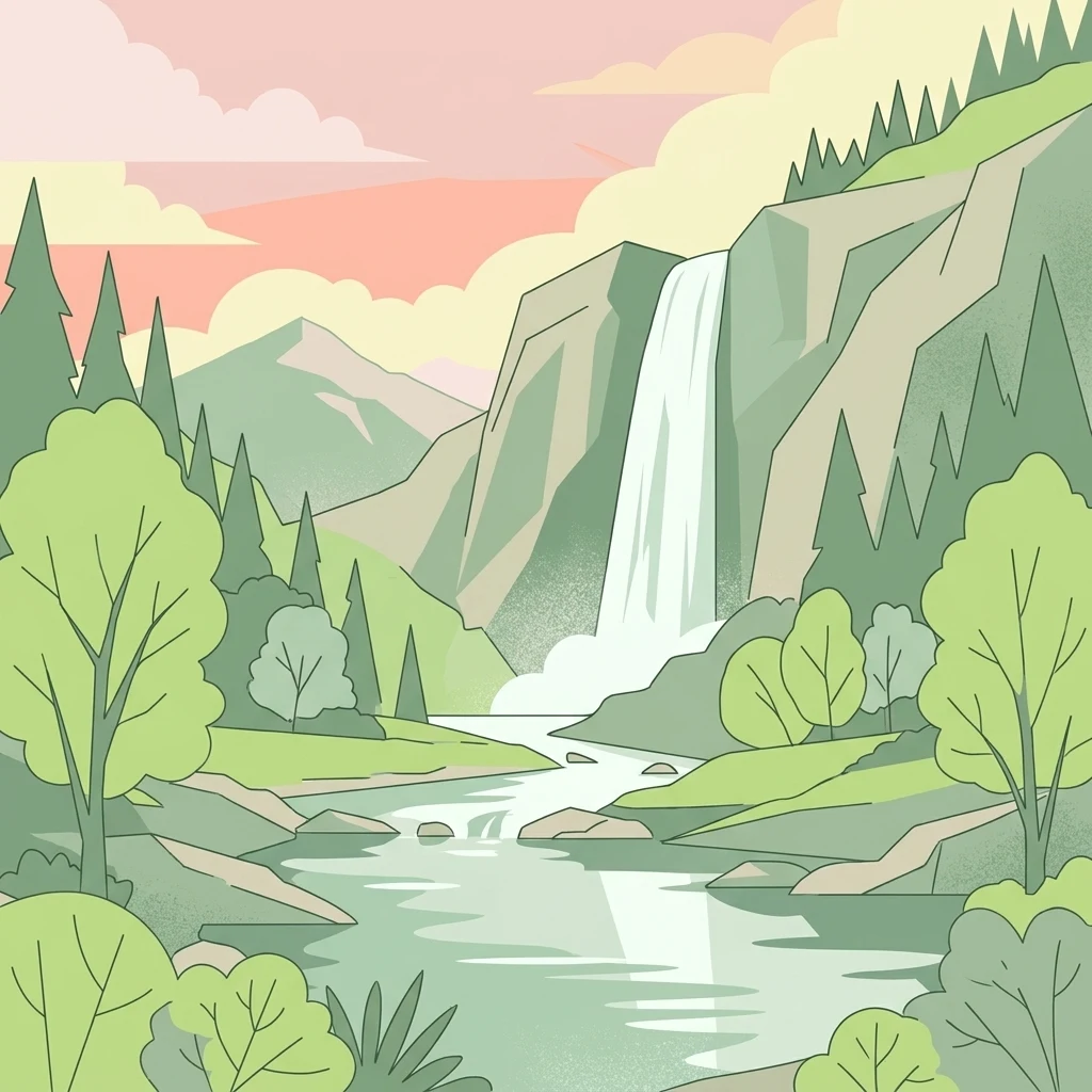 A flat, stylized digital illustration of a green valley landscape with a cascading waterfall flowing into a river, surrounded by trees and mountains under a warm sky.