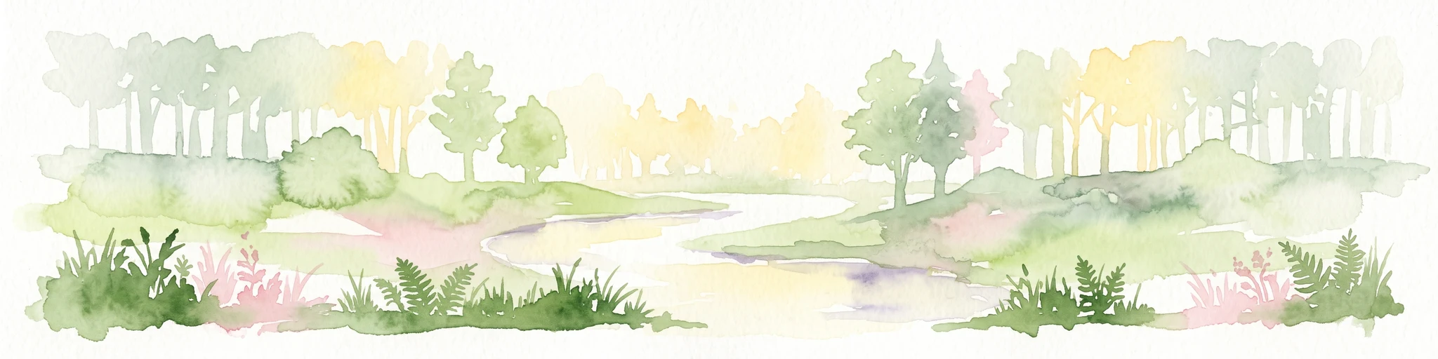 A soft watercolor painting of a serene river winding through a lush green valley with trees and ferns on the banks.