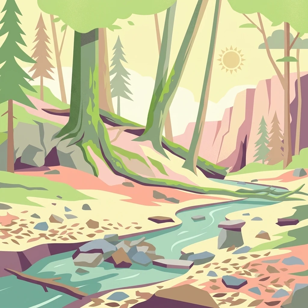 Una colorida ilustración vectorial de una escena forestal que incluye un arroyo sinuoso, orillas rocosas, árboles altos y acantilados distantes bajo el sol.