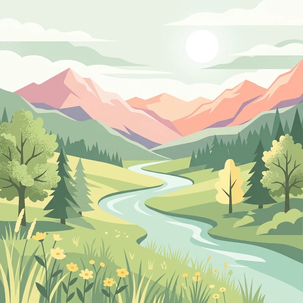 Ilustración digital de estilo plano que muestra un río serpenteante que fluye por un valle verde con un prado, árboles coníferos y montañas lejanas de tonos rosados bajo un cielo soleado.