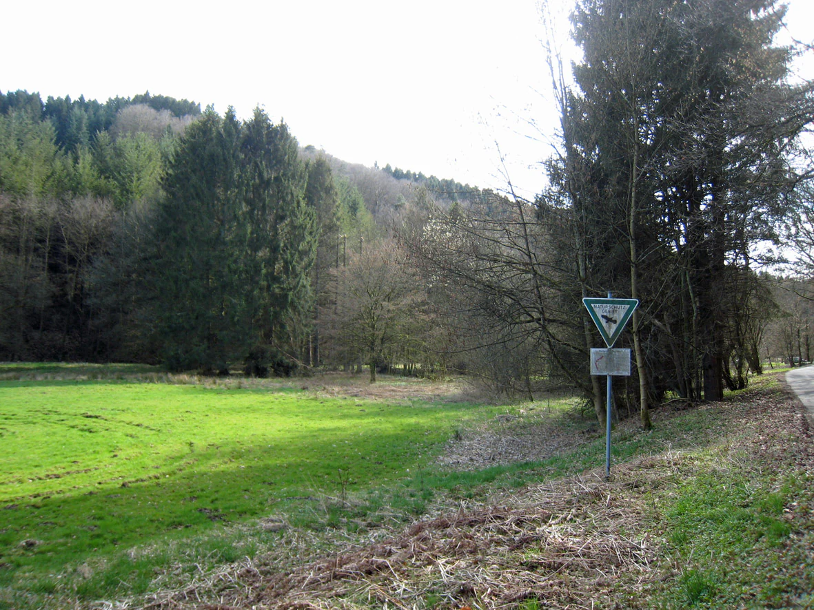 A triangular nature reserve sign on a metal pole positioned next to a green meadow and a wooded hillside.