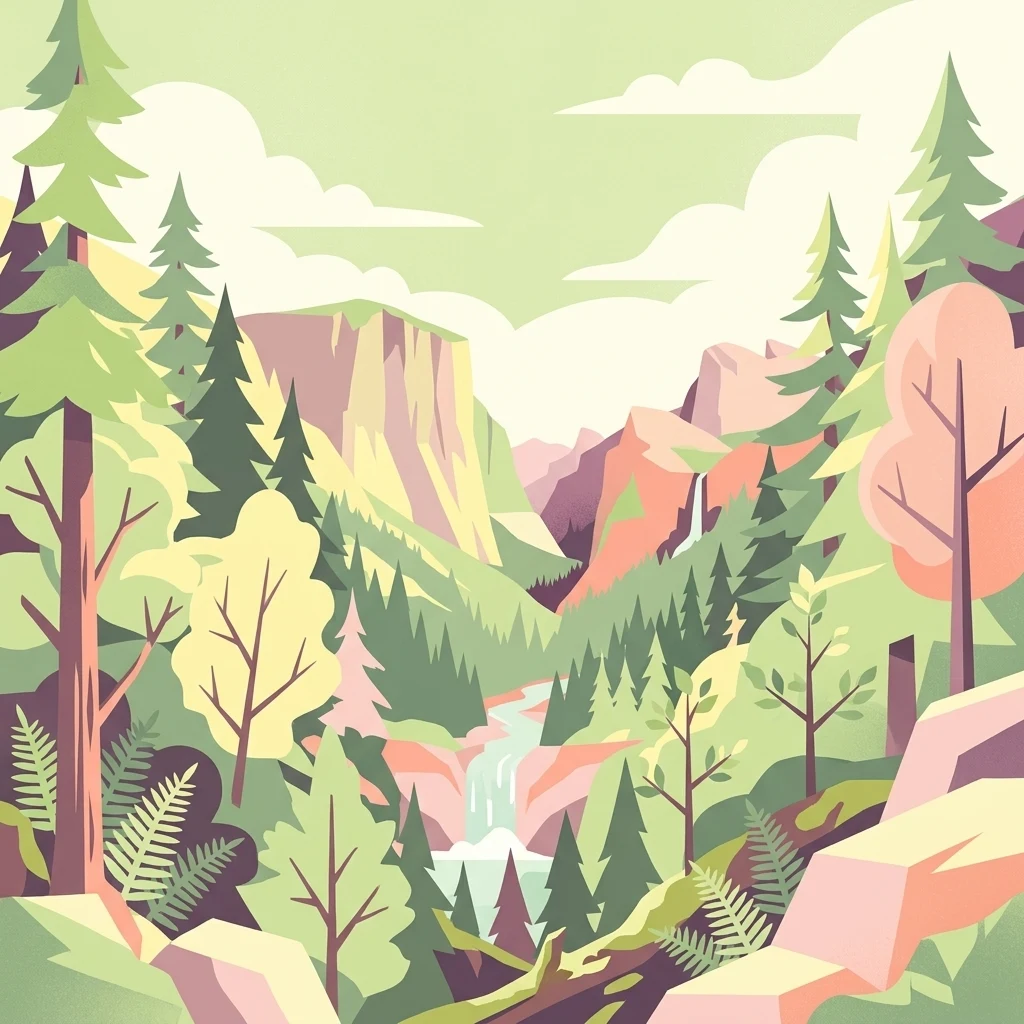 Una ilustración vectorial de estilo plano que muestra un paisaje montañoso boscoso con un arroyo que fluye, una pequeña cascada en la distancia y altos pinos bajo un cielo despejado.