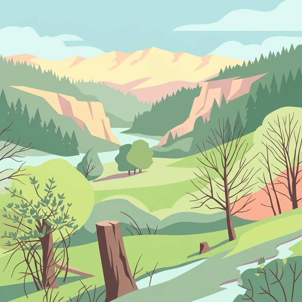 A digital illustration of a scenic valley with green meadows in the foreground, forest-covered hillsides, and distant mountains under a pale sky.