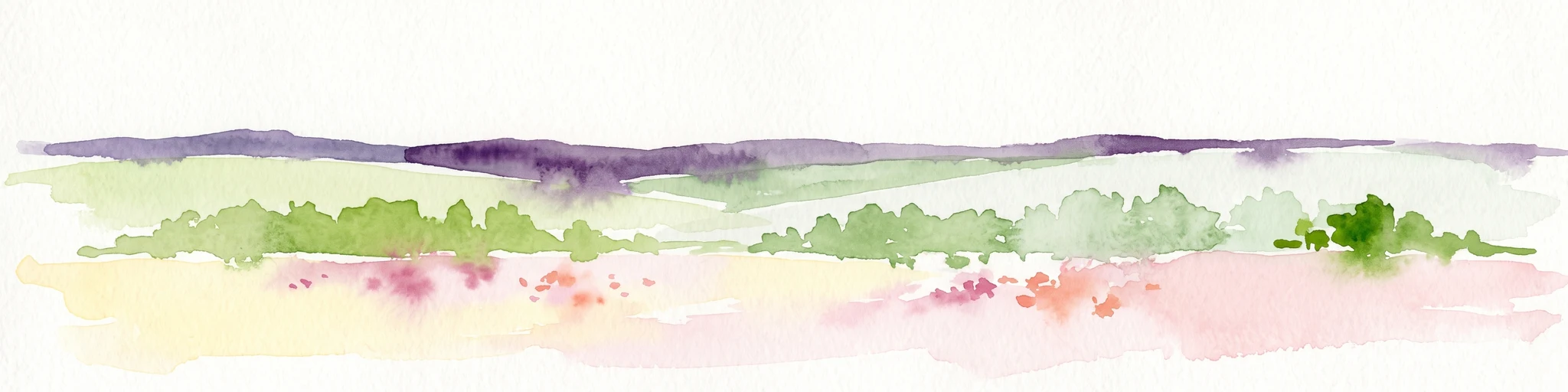 A watercolor painting showing a soft, stylized landscape of a meadow with low rolling hills in the background.