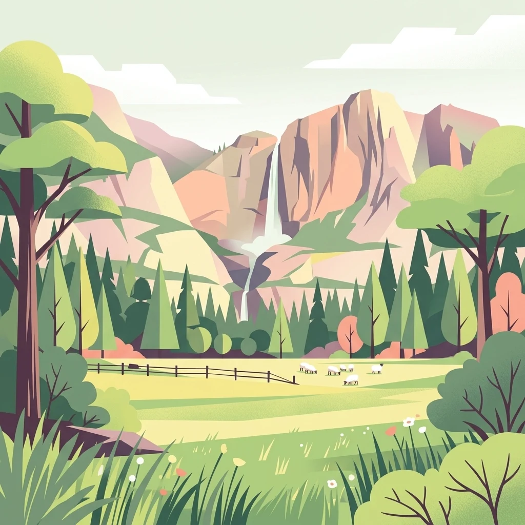 Una ilustración digital de estilo plano de un valle de montaña con una cascada en el centro, pinos en el plano medio y una pradera herbosa con animales pastando en el primer plano.