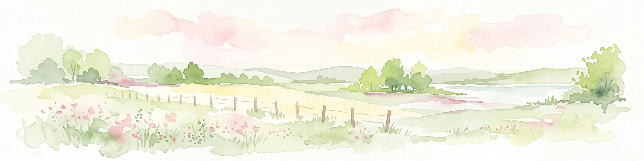 A watercolor painting of a gentle river valley with soft green hills, wildflowers in the foreground, and a wooden fence line.