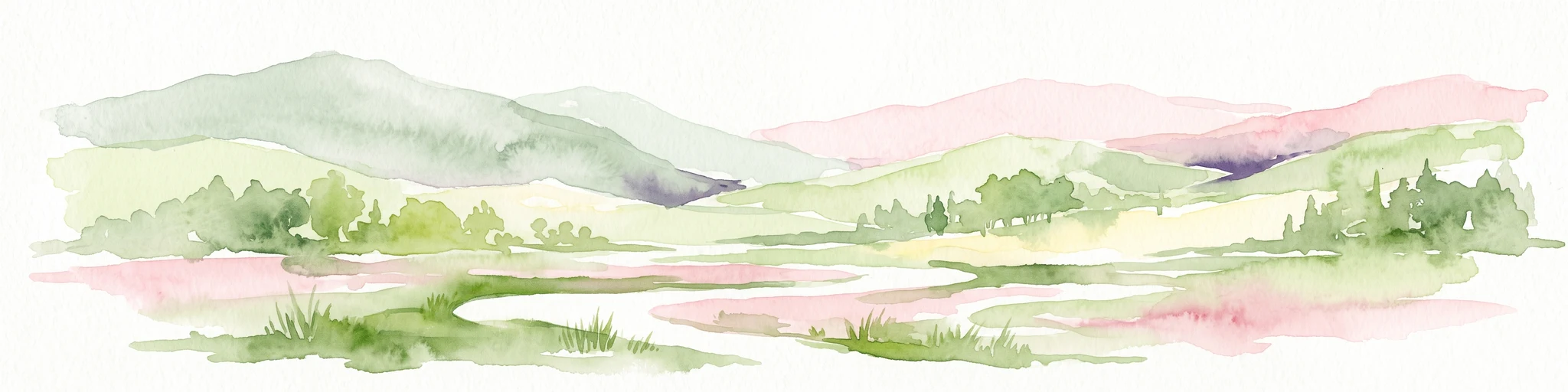 A soft watercolor painting of a green, rolling valley with a stream winding through the grassy foreground against a background of distant, misty hills.