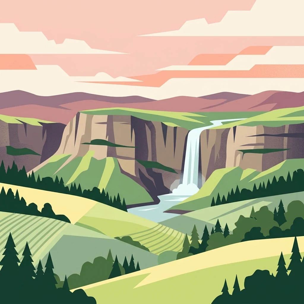 A digital vector-style illustration of a waterfall plunging over a steep cliff face into a river below, surrounded by rolling hills and coniferous trees under a soft-toned sky.
