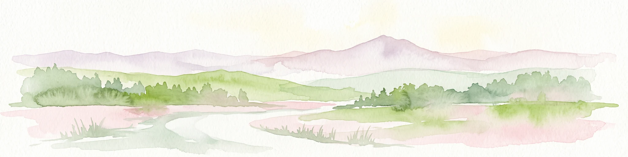 A soft watercolor illustration showing a gentle, rolling landscape with green meadows, trees, and distant hills under a pale sky.