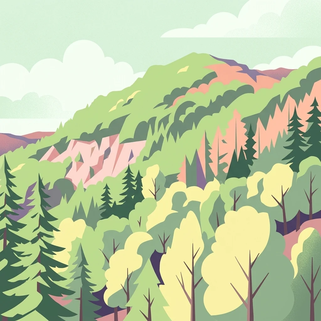 A stylized vector illustration of a forested hillside with coniferous and deciduous trees under a cloudy sky.