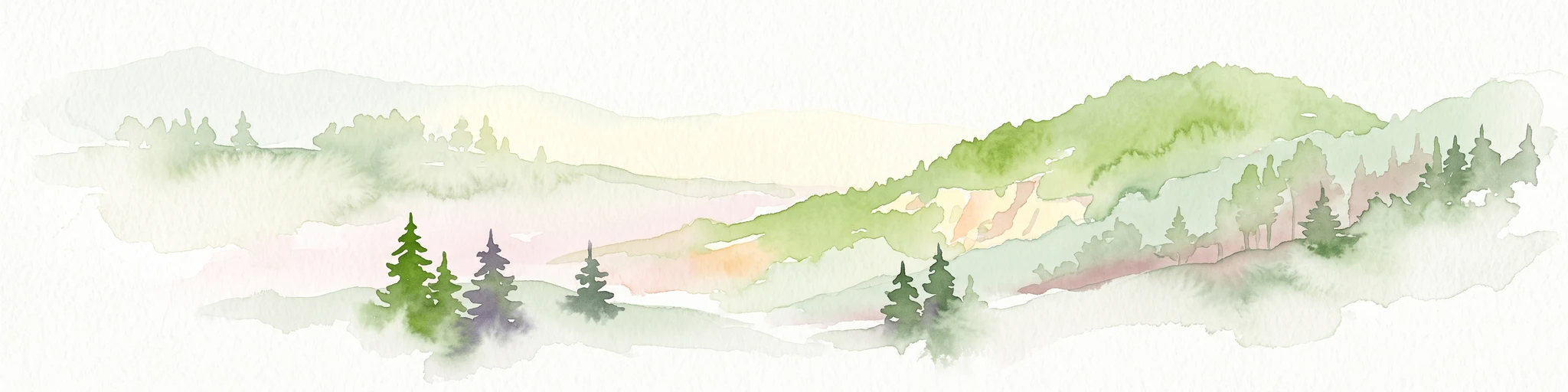 A watercolor landscape illustration showing soft, rolling green hills, coniferous trees, and a hazy background.